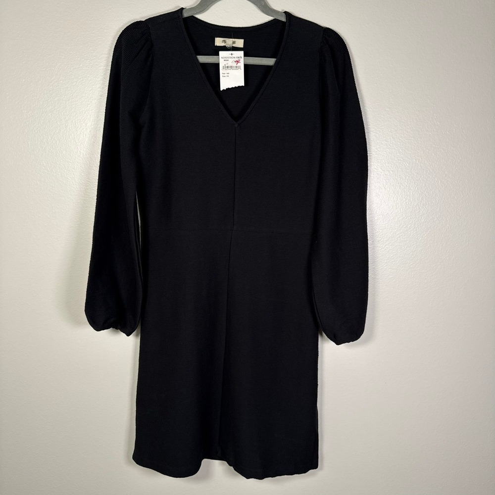 Madewell Mini Dress XS Black V-Neck Long Sleeve Puff Shoulder Cotton Crepe